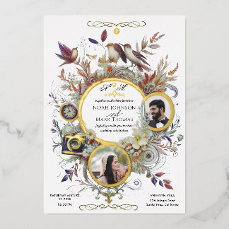 Romantic Calligraphy Monogram Photo Weddenschap Folie Uitnodiging