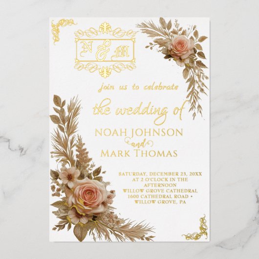 Romantic Calligraphy Monogram Photo Weddenschap Folie Uitnodiging (Voorkant)