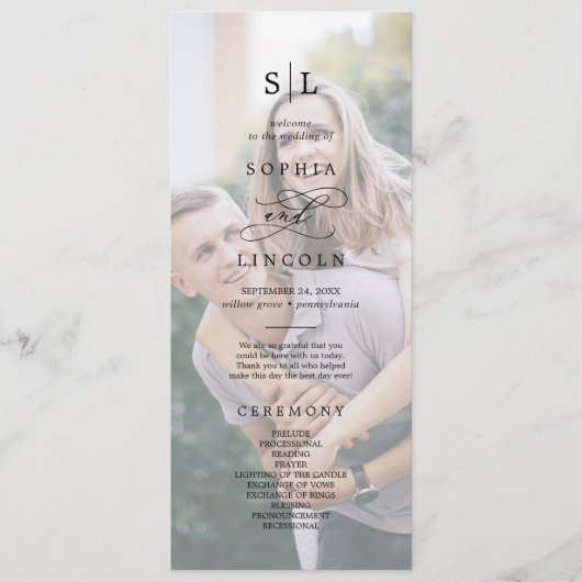 Romantic Calligraphy Monogram Photo Weddenschap Programmakaart (Voorkant)