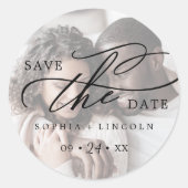 Romantic Calligraphy Names Photo Save the Date Ronde Sticker (Voorkant)