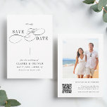 Romantic Calligraphy QR Code Photo Save The Date<br><div class="desc">Dit romantische script opslaan van de datum aankondiging kaart is perfect voor een eenvoudige bruiloft. Het minimalistische zwart-wit ontwerp heeft een elegante en romantische kalligrafie belettering met een QR-code op de achterkant. Voor meer geavanceerde aanpassing van dit ontwerp,  klikt u op de BLUE DESIGN TOOL BUTTON hierboven!</div>