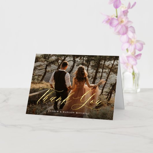 Romantic Calligraphy Script Foto bedankt Folie Wenskaart (Orchidee)