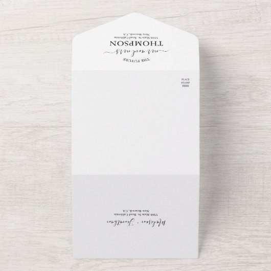 Romantic Calligraphy Script Modern Photo Wedding All In One Uitnodiging (Buitenkant)