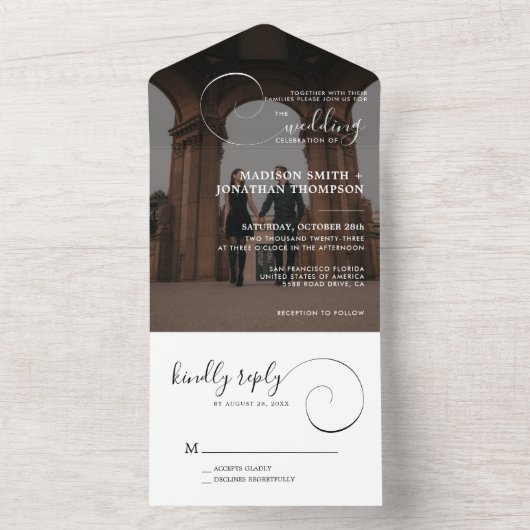 Romantic Calligraphy Script Modern Photo Wedding All In One Uitnodiging (Binnen)