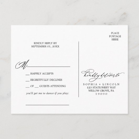 Romantic Calligraphy Song Request RSVP Briefkaart (Achterkant)