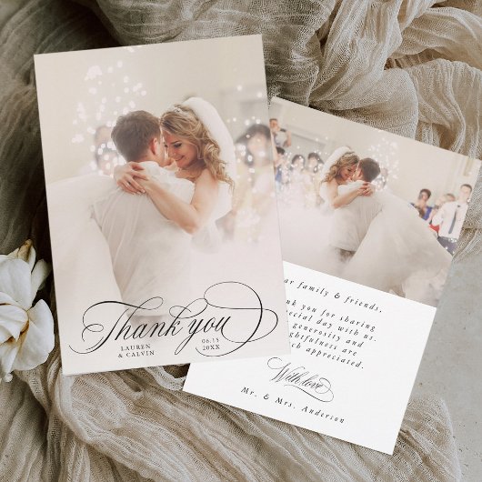 Romantic Calligraphy Wedding 2 Photo Bedankkaart