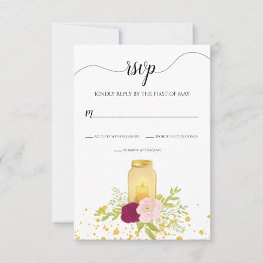 Romantic Candlelight Rozen Glitter Wedding RSVP Kaartje (Voorkant)