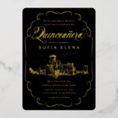 Romantic Castle Fantasy Quinceañera Gold Folie Uitnodiging (Voorkant)