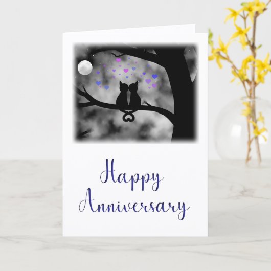 Romantic Cat Anniversary Card Under Moon           Kaart (Gele Bloem)