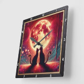 Romantic Cat Silhouette Full Moon Vierkante Klok (Hoek)