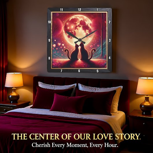 Romantic Cat Silhouette Full Moon Vierkante Klok