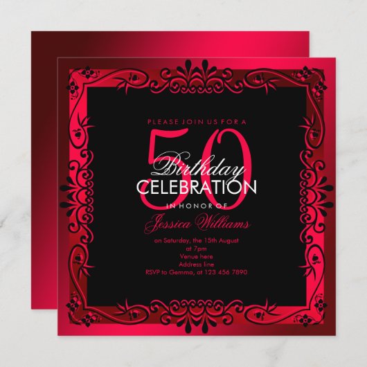 Romantic Cerise Decorative Framed 50th Birthday Kaart (Voorkant / Achterkant)