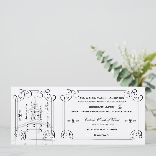 Romantic Chapel Ticket Wedding Kaart (Staand voorkant)