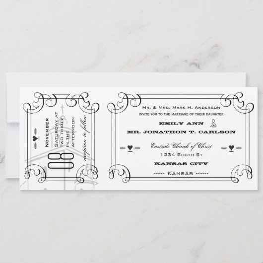 Romantic Chapel Ticket Wedding Kaart (Voorkant)