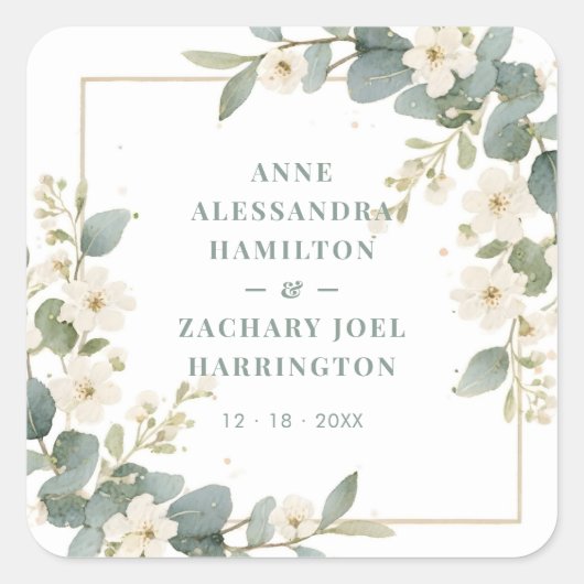 Romantic Charming Flowers & Branches Frame Wedding Vierkante Sticker (Voorkant)