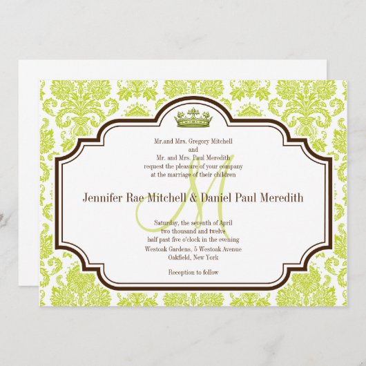 Romantic Chartreuse Damask Wedding Invitations Kaart (Voorkant / Achterkant)