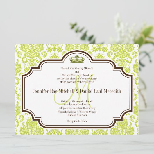 Romantic Chartreuse Damask Wedding Invitations Kaart (Staand voorkant)