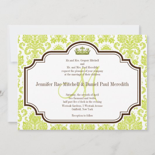 Romantic Chartreuse Damask Wedding Invitations Kaart (Voorkant)