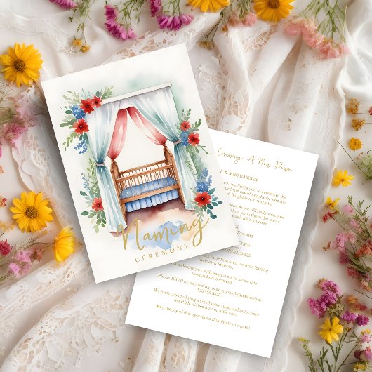 Romantic Cheerful Watercolor Crib Naming Ceremony Kaart