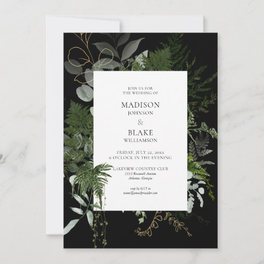 Romantic Chic Black Greenery Forest Wedding Kaart (Voorkant)