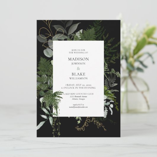 Romantic Chic Black Greenery Forest Wedding Kaart (Staand voorkant)