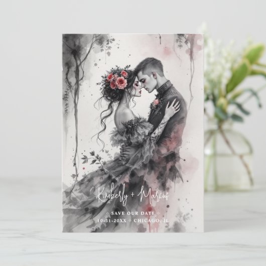 Romantic Chic Charming Gothic Couple Wedding  Save The Date (Staand voorkant)