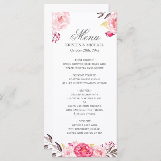 Romantic Chic Floral Wedding Menu Sjabloon (Voorkant / Achterkant)