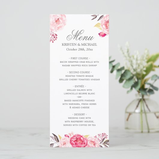 Romantic Chic Floral Wedding Menu Sjabloon (Staand voorkant)