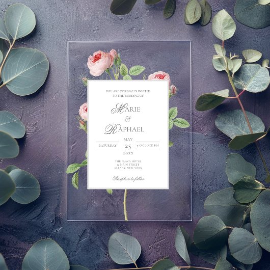 Romantic Chic French Rose Botanical Wedding Acryl Uitnodigingen