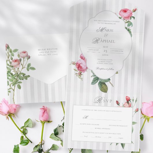 Romantic Chic French Rose Botanical Wedding All In One Uitnodiging