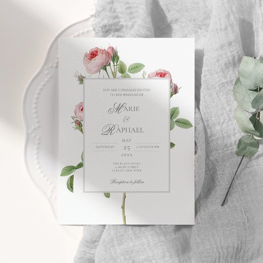 Romantic Chic French Rose Botanical Wedding Kaart