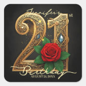 Romantic Chic Gold Filigree Red Rose 21st Birthday Vierkante Sticker (Voorkant)