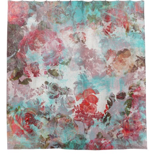 Romantic Chic Pink Floral Blauwgroen Waterverf Pat Douchegordijn (Voorkant)