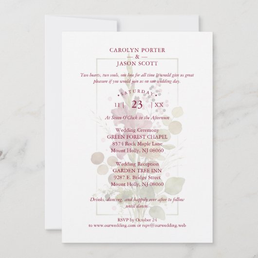 Romantic Chic Rustic Botanical Wildflowers Wedding Kaart (Achterkant)