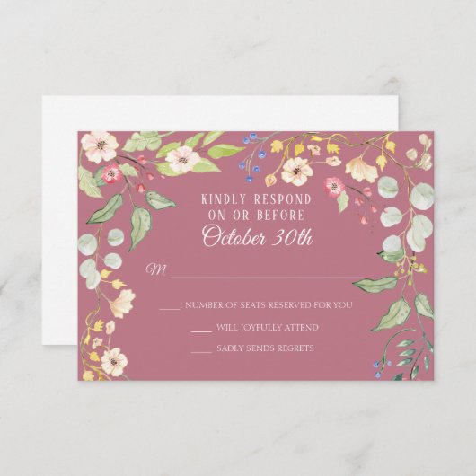 Romantic Chintz Dusty Berry Pink Waterverf RSVP Kaart (Voorkant / Achterkant)