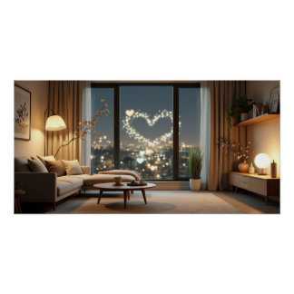 Romantic City Night with Heart Lights Perfect Poster