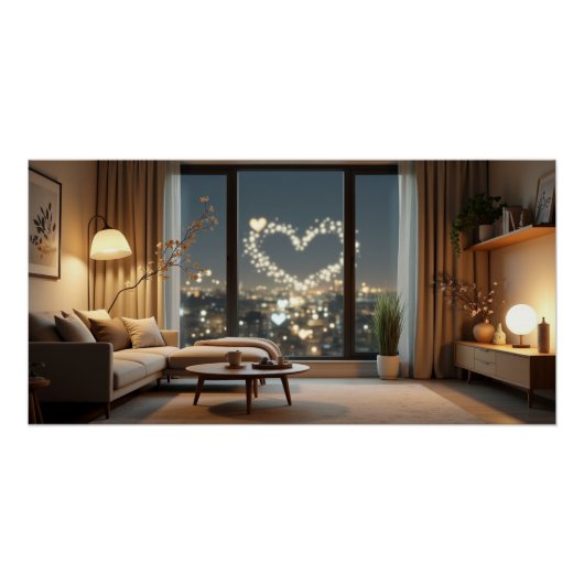 Romantic City Night with Heart Lights Perfect Poster (Voorkant)