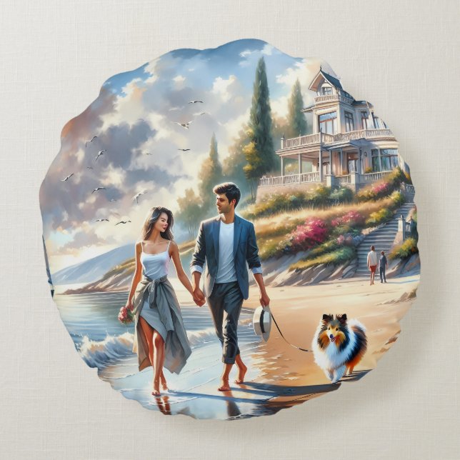 Romantic Coastal Cottage Sunset Stroll Rond Kussen (Achterkant)