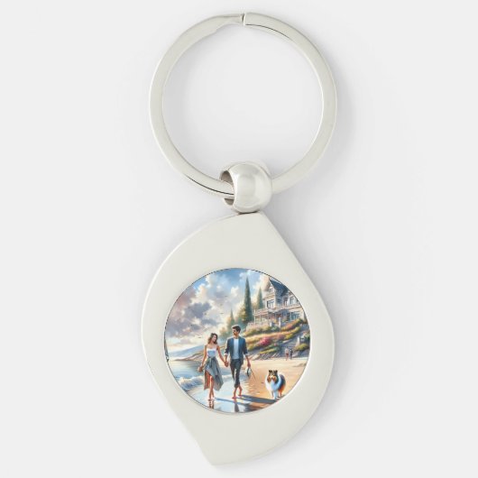 Romantic Coastal Cottage Sunset Stroll Sleutelhanger (Voorkant)