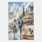 Romantic Coastal Cottage Sunset Stroll Theedoek (Verticaal)