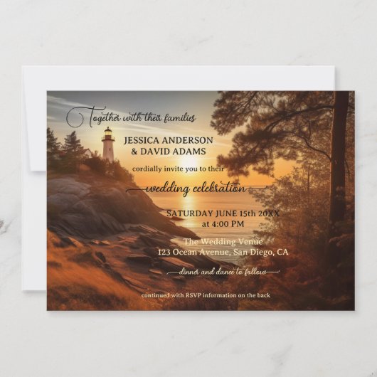 Romantic Coastal Lighthouse QR Code Weddenschap Kaart (Voorkant)