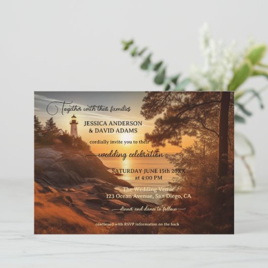 Romantic Coastal Lighthouse QR Code Weddenschap Kaart (Staand voorkant)