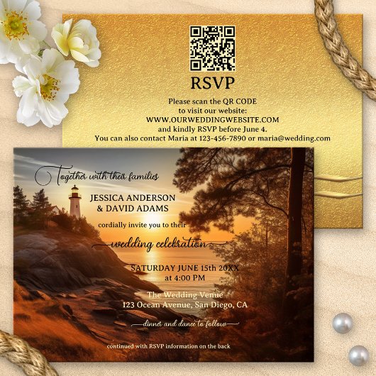 Romantic Coastal Lighthouse QR Code Weddenschap Kaart