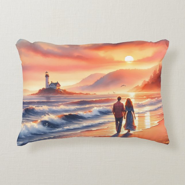 Romantic Coastal Sunset Lighthouse Walk Accent Kussen (Voorkant)