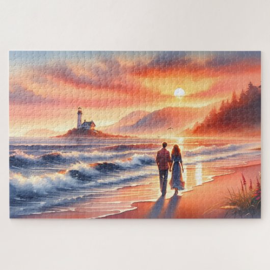 Romantic Coastal Sunset Lighthouse Walk Legpuzzel (Horizontaal)