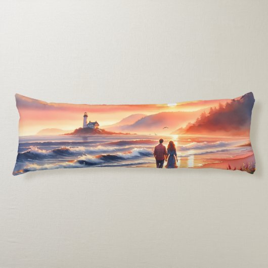 Romantic Coastal Sunset Lighthouse Walk Lichaamskussen (Voorkant)