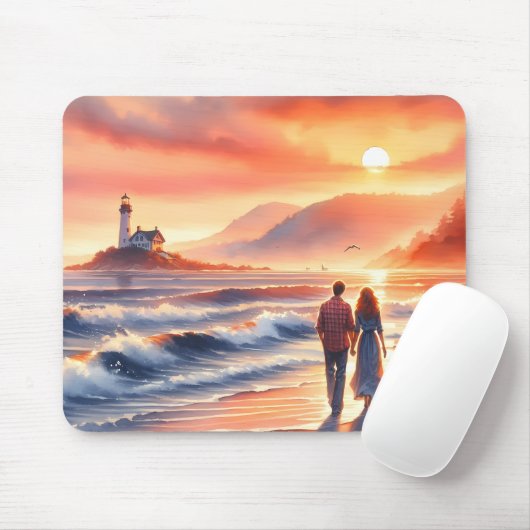 Romantic Coastal Sunset Lighthouse Walk Muismat (Met muis)