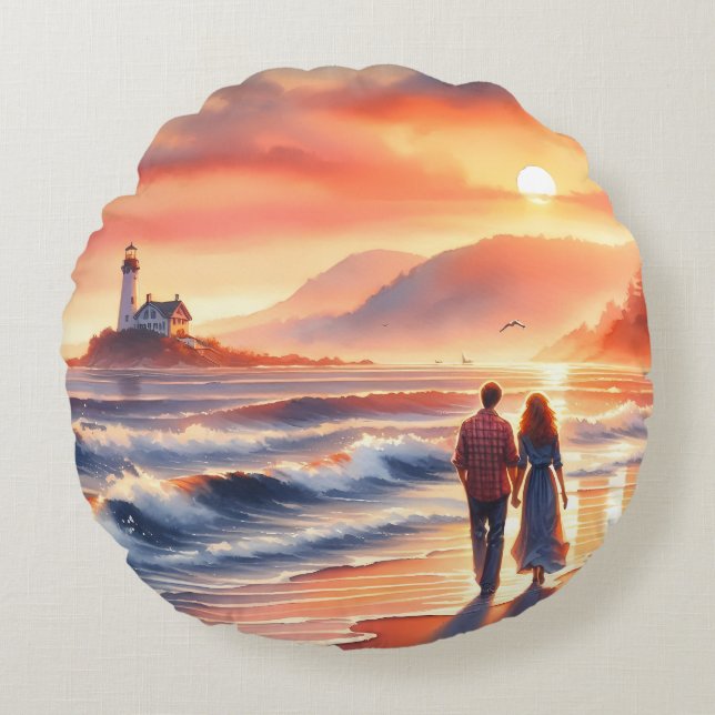 Romantic Coastal Sunset Lighthouse Walk Rond Kussen (Voorkant)