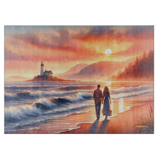 Romantic Coastal Sunset Lighthouse Walk Snijplank (Voorkant)