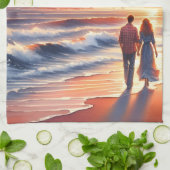 Romantic Coastal Sunset Lighthouse Walk Theedoek (Gevouwen)